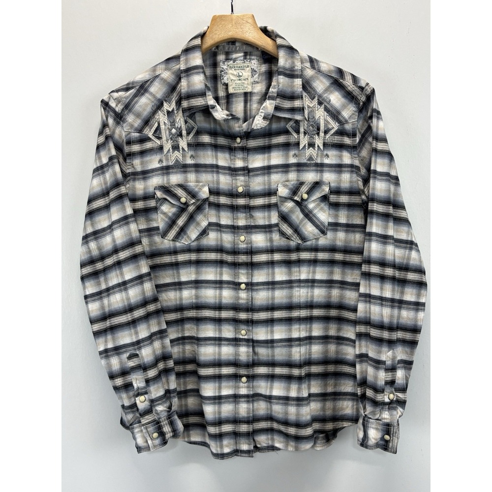 Panhandle Slim Pearl Snap Shirt Women's L Grey Plaid Aztec Embroidered Western